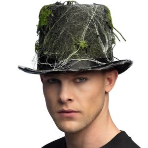 Hexen Zauberer Zylinderhut mit Sumpfspinnen und Moos SWAMP schwarz-grün