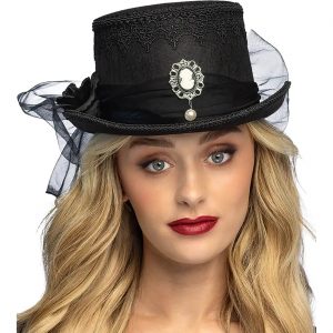 Edeldame Vintage / Gothic Zylinderhut mit Schleier Rose und Cameedame schwarz