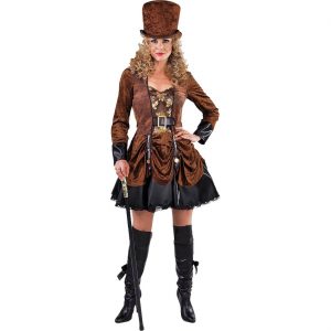 Steampunklady / Edeldame Kostüm Kleid kurz mit Blumen und Blätter Brokat SYLVIE braun-gold