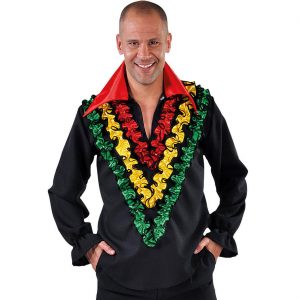 Brasilianer Hemd Bluse brasilianisches Shirt RIO mit Rüschen schwarz-bunt