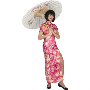 Chinesin Japanerin Kostüm Kleid lang traditionell geschnitten mit Blumen Geisha pink-bunt