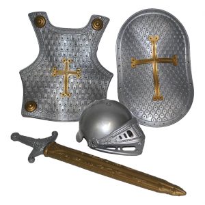 Ritter Brustpanzer+Schild-Helm+Schwert mit Kreuz aus Kunststoff in Metalloptik silber-gold
