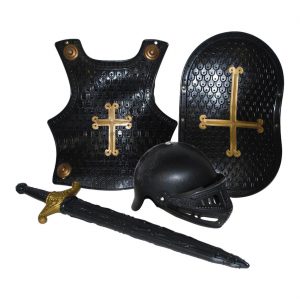 Ritter Brustpanzer+Schild-Helm+Schwert mit Kreuz aus Kunststoff in Metalloptik schwarz-gold