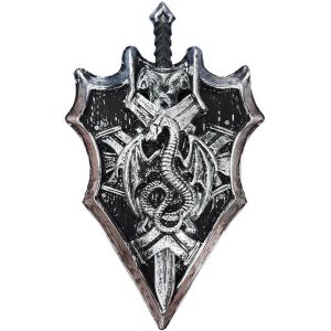 Ritter / Krieger Schild+Schwert Set Dreiecksschild mit Drachen silber-schwarz