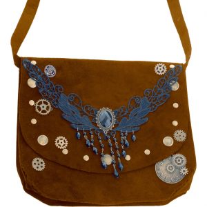 Steampunk Handtasche Umhängetasche mit Perlen und Zahnrädern braun-grau