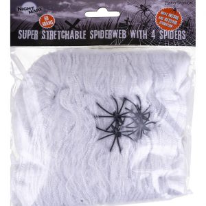 Spinnennetz Deko Spinnenwatte Spinnweben zum Auseinanderziehen mit 4 schwarzen Spinnen weiß