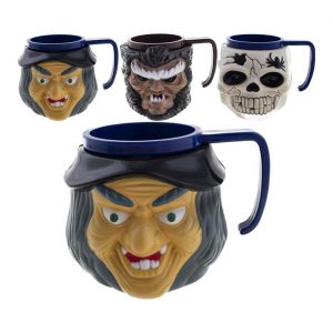 Halloween Becher Tasse Mehrweg mit LED+Sound Hexe Monster oder Schädel 12x10x9cm bunt