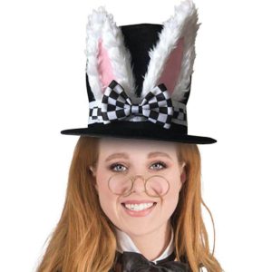 Alice Hutmacherin / Hase Zylinderhut kariert mit Hasenohren aus weißem Plüsch und Schleife schwarz-rosa