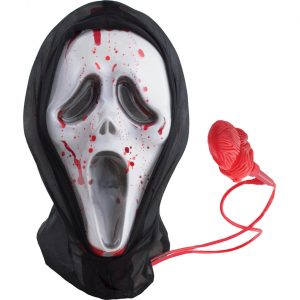 Schreiender Geist Maske mit Kapuze aus Kunststoff zum Blut durchpumpen schwarz-rot