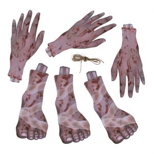 Halloween / Blutige Körperteile Dekogirlande abgetrennte Hände oder Füße haut-rot