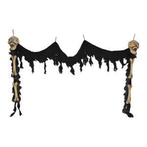 Horror Eingang Deko Hängefigur mit LED Textildeko+Skelette mit Leuchtaugen 200x100cm ohne Batterien schwarz-beige