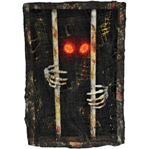 Halloween Deko Wandbild mit LED Käfig mit Textildeko und Leuchtaugen 45x30x5cm schwarz-grau