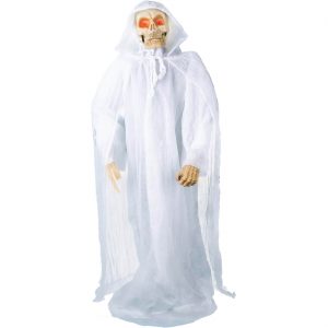 Skelett bleich Deko Standfigur animiert+LED+Sound in weißer Robe 180cm weiß-beige
