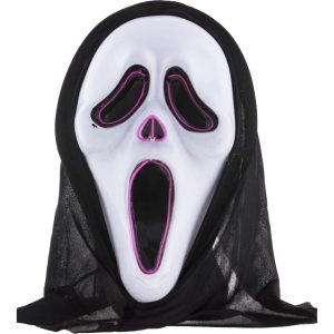 Schreiender Geist Kunststoffmaske mit LED aus Kunststoff mit lila Beleuchtung und Kapuze schwarz-weiß