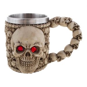 Schädel bleich Becher Humpen Tasse Mehrweg Schädel mit roten Augen SKULL silber-beige