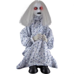 Zombiemädchen Deko Standfigur animiert+LED+Sound SITTING GIRL 75cm weiß-bunt