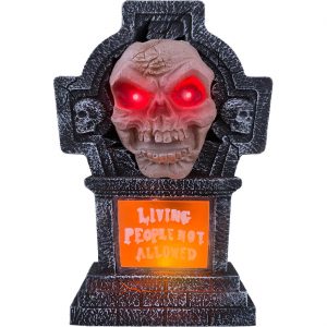 Grabstein Deko Standfigur animiert+LED+Sound sprechend LIVING PEOPLE NOT ALLOWED 38x8x21cm ohne Batterien grau