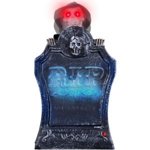 Grabstein RIP Deko Standfigur animiert+LED+Sound mit sich erhebendem Skelett 40x9x22cm ohne Batterien grau