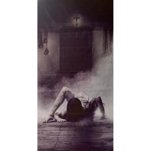 Irrenhaus Patientin Deko Wandbild Türfolie Zombie Asylum Irrenhaus kriechende Frau 80x200cm Vorhang grau