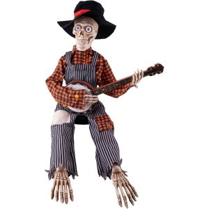 Skelett bleich Deko Standfigur animiert+LED+Sound Banjospieler Gitarrenspieler 98x31x27cm ohne Batterien bunt