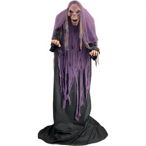 Skelett Tod VL Deko Standfigur animiert+LED+Sound mit Runen im Gesicht bewegt sich auf und ab 150cm grau-lila