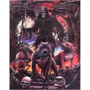 Skelett bleich Deko Wandbild Hologramm geflügelter Tod mit Kampfhunden 30x40cm bunt