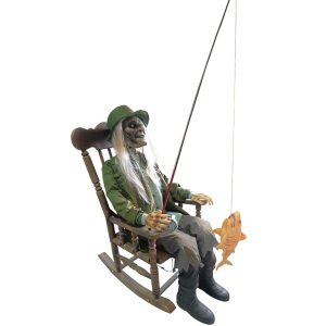 Zombie Fischer VL Deko Standfigur animiert+LED+Sound Angler im Schaukelstuhl bunt