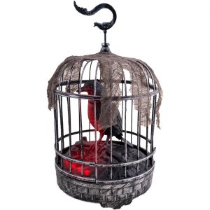 Vogel Krähe Deko Hängefigur animiert+LED+Sound sprechender Rabe im Käfig 32x20x20cm ohne Batterien schwarz