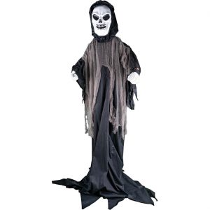 Skelett Tod Deko Standfigur animiert+LED+Sound bewegt den Kopf nach vorne unten 200x50x50cm ohne Batterien schwarz-weiß