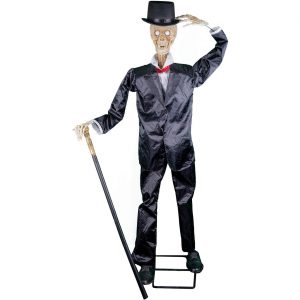Skelett bleich VL Deko Standfigur animiert+LED+Sound Skelett Gentleman mit Zylinder und Mantel 160x90x60 schwarz