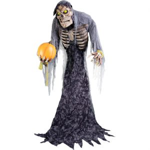 Skelett Tod VL Deko Standfigur animiert+LED+Sound Buckliger diskutiert mit Kürbis HUNCHBACK GHOST 210cm grau