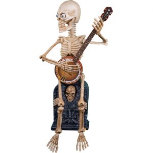 Skelett bleich Deko Standfigur animiert+LED+Sound spielt Banjo 90cm BANJO BONES beige
