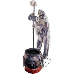 Skelett in Fetzen VL Deko Standfigur animiert+LED+Sound Zombieskelett rührt in einem Hexenkessel 190x100x70cm grau