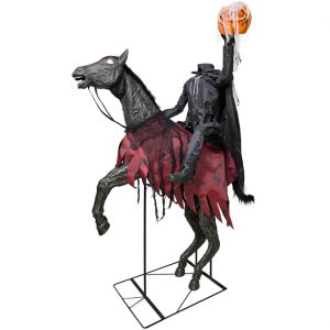 Kopfloser Reiter VL Deko Standfigur animiert+LED+Sound mit Kürbiskopf auf Pferd HEADLESS HORSEMAN 210cm grau