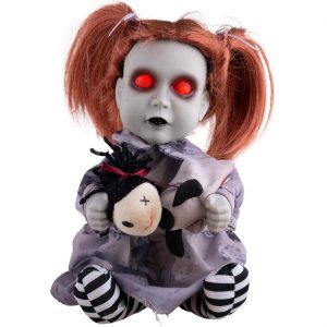 Zombiemädchen Deko Standfigur animiert+LED+Sound Horrorpuppe reißt Puppe den Kopf ab 16x17x26cm GHOST DOLLY rot-grau