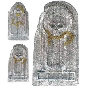 Grabstein Deko Standfigur aus Styropor bemoster Grabstein 93x52x4cm mit Schädel oder Lilie grau-grün