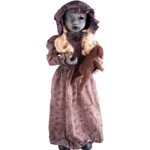Zombiemädchen Deko Standfigur animiert+LED+Sound Horrorpuppe dreht den Kopf 95cm SPINNING HEAD DOLL rosa