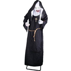 Horror Nonne Deko Standfigur animiert+LED+Sound 185cm HAUNTED NUN schwarz-weiß