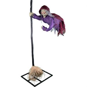 Hexe Deko Standfigur animiert+LED+Sound schwebende Hexe mit Besen 195cm HOVERING WITCH lila-rot