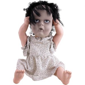 Zombiemädchen Deko Standfigur animiert+LED+Sound Horrorpuppe reißt sich Gesicht ab 40cm FACE OFF BABY DOLL grau