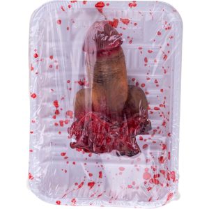 Blutiges Körperteil Penis Deko Accessoire Artikel abgehackter Penis in Fleischverpackung 18x14cm rot-bunt