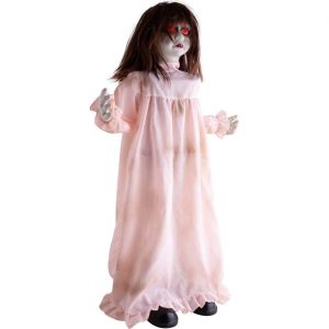 Zombiemädchen Deko Standfigur animiert+LED+Sound dreht den Kopf und öffnet die Arme 90cm PEEK A BOO GIRL rosa