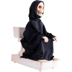 Skelett Tod Deko Standfigur animiert+LED+Sound Skelett sitzt auf der Toilette 35cm SKELETON ON TOILET weiß-schwarz