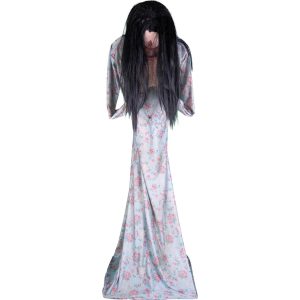 Zombie Mädchen VL Deko Standfigur animiert+LED+Sound Zombie Frau die ein Gehirn frisst 200cm bunt