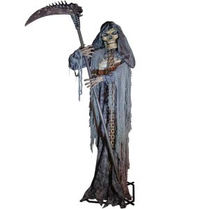 Skelett Tod VL Deko Standfigur animiert+LED+Sound Tod mit Sense 300cm grau-bunt