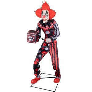 Böser Clown VL Deko Standfigur animiert+LED+Sound Springteufel Clown mit Spieluhr 175cm schwarz mit rot