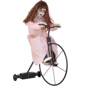 Zombie Mädchen Deko Standfigur animiert+LED+Sound Mädchenpuppe auf Fahrrad mit Schlaflied 94x72cm bunt