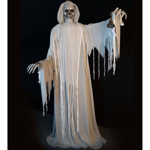 Skelett Tod VL Deko Standfigur animiert+LED+Sound Tod mit Klingel Glocke 182cm weiß-grau