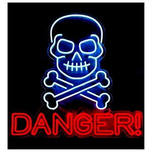 Schädel gekreuzte Knochen Deko Wandbild mit LED Neonschild DANGER 60x64cm weiß-rot