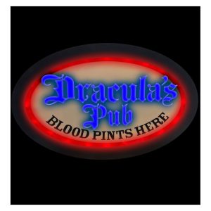 Vampir Dracula Deko Wandbild mit LED Neonschild DRACULAS PUB BLOOD PINTS HERE 55x38cm blau-rot